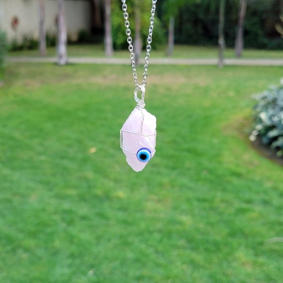 Rose Quartz Evil Eye Crystal Pendant - Picture 8 of 10